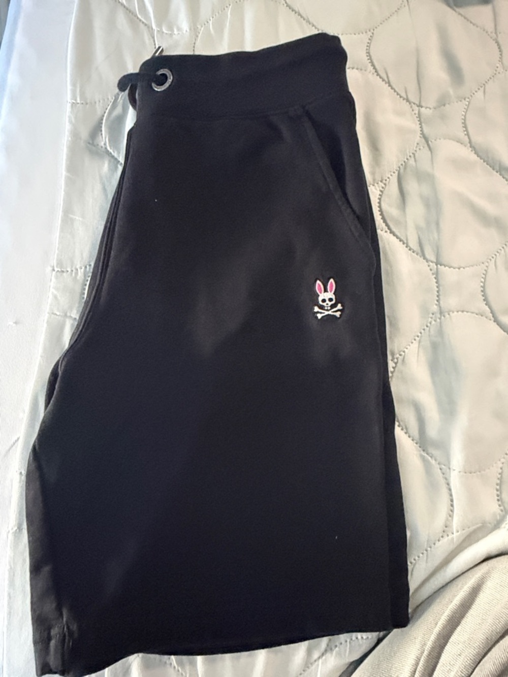 Psycho Bunny Black Kids Drawstring Shorts with Pink-Accented Bunny Skull